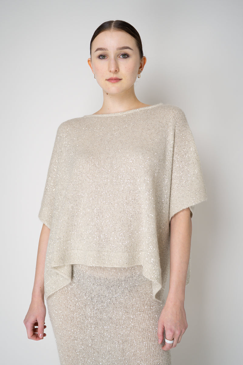 D. Exterior Lightweight Wool Alpaca Knit Sequined Poncho in Latte