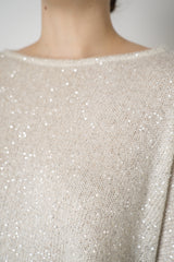 D. Exterior Lightweight Wool Alpaca Knit Sequined Poncho in Latte