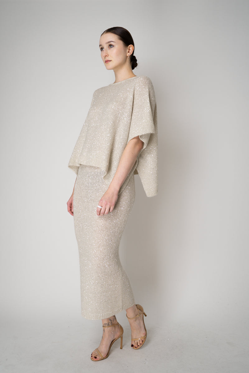 D. Exterior Lightweight Wool Alpaca Knit Sequined Poncho in Latte