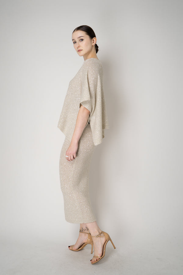 D. Exterior Lightweight Wool Alpaca Knit Sequined Poncho in Latte