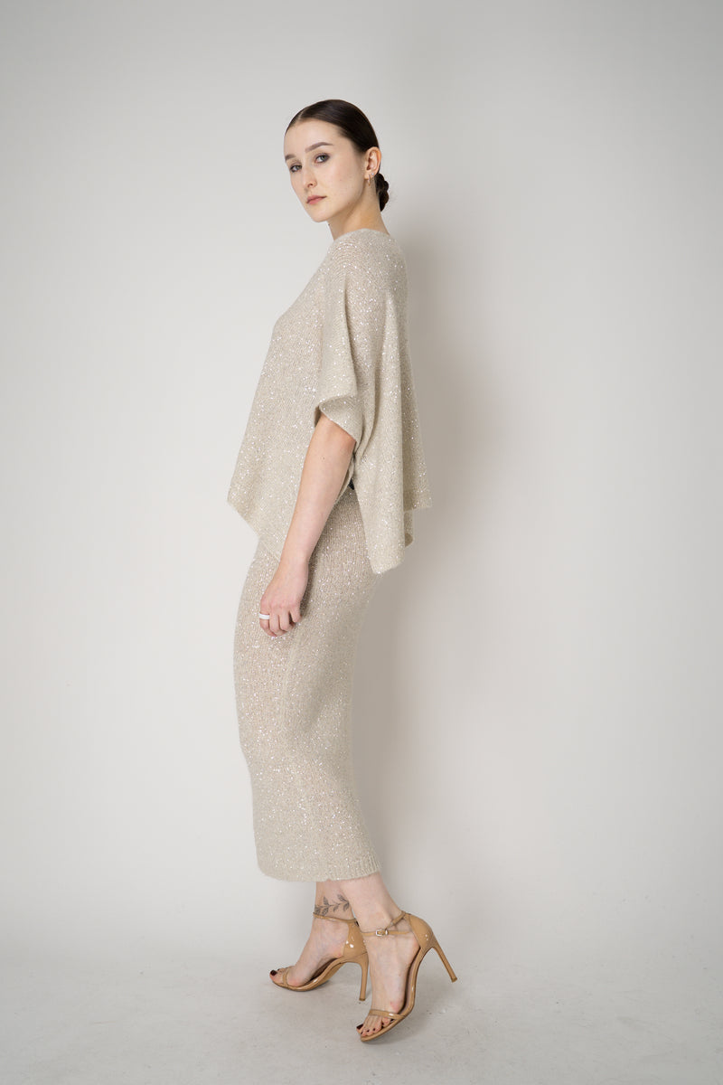 D. Exterior Lightweight Wool Alpaca Knit Sequined Poncho in Latte