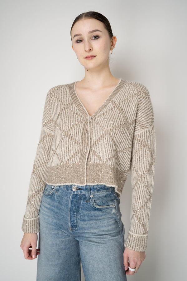 D. Exterior Wool Alpaca Cropped Knit Sequined V-Neck Cardigan in Gesso
