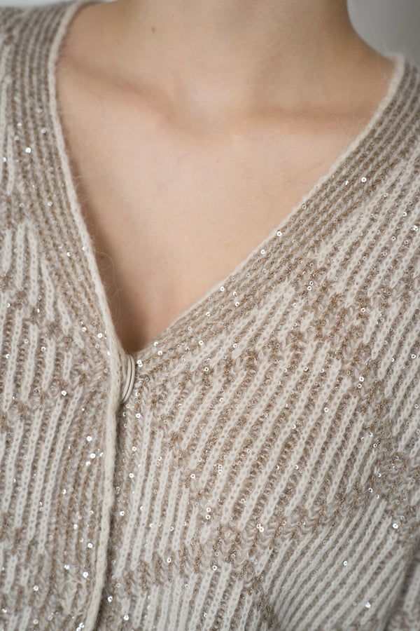 D. Exterior Wool Alpaca Cropped Knit Sequined V-Neck Cardigan in Gesso