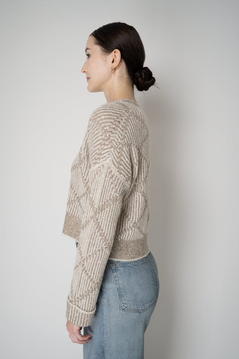 D. Exterior Wool Alpaca Cropped Knit Sequined V-Neck Cardigan in Gesso