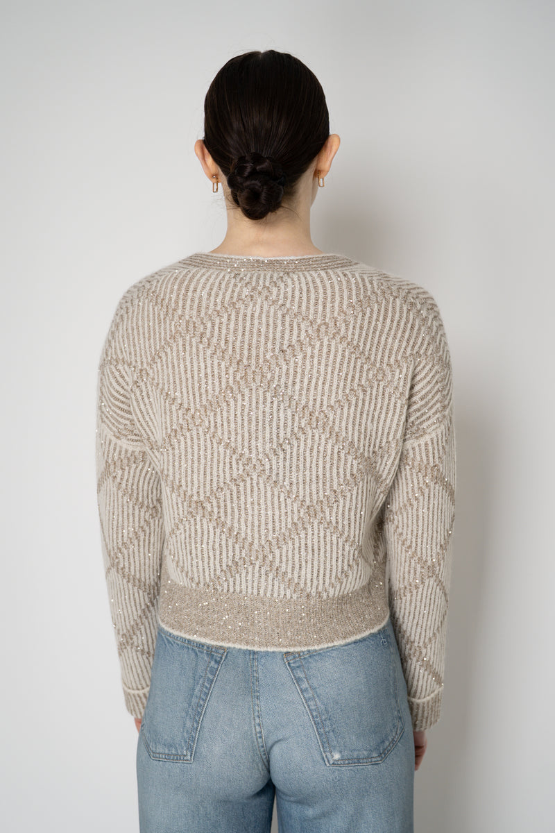 D. Exterior Wool Alpaca Cropped Knit Sequined V-Neck Cardigan in Gesso