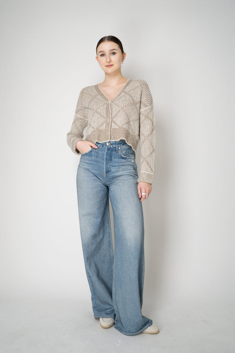 D. Exterior Wool Alpaca Cropped Knit Sequined V-Neck Cardigan in Gesso