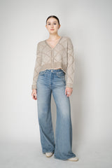 D. Exterior Wool Alpaca Cropped Knit Sequined V-Neck Cardigan in Gesso