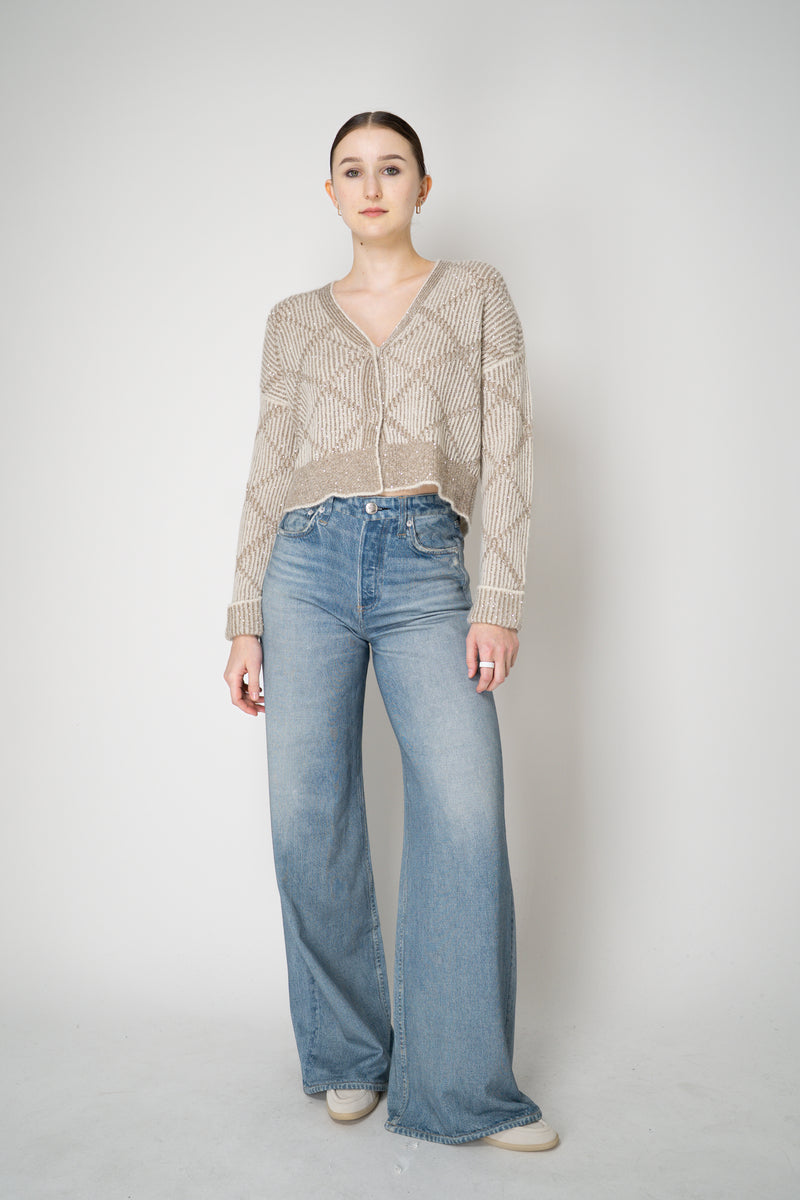 D. Exterior Wool Alpaca Cropped Knit Sequined V-Neck Cardigan in Gesso