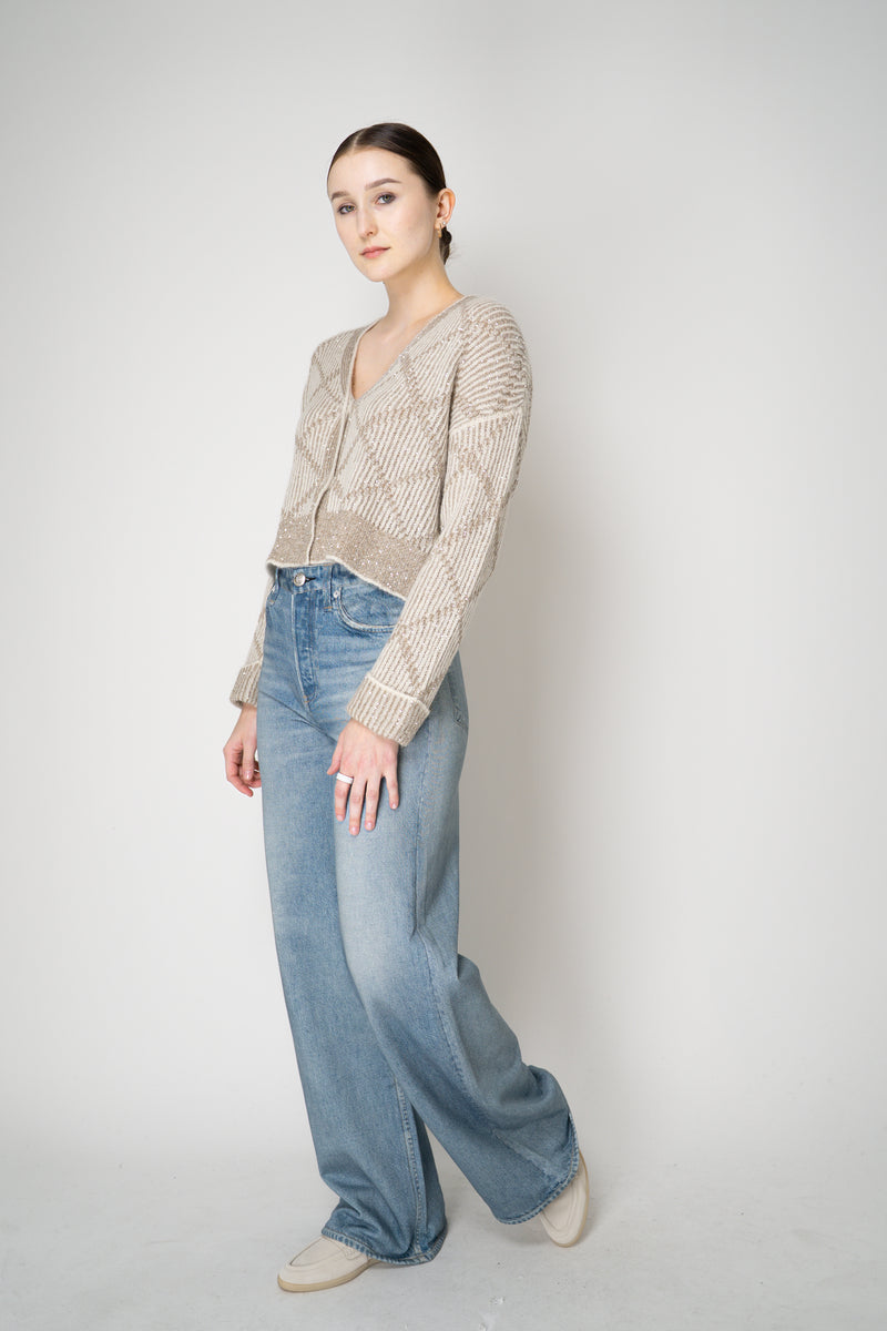 D. Exterior Wool Alpaca Cropped Knit Sequined V-Neck Cardigan in Gesso