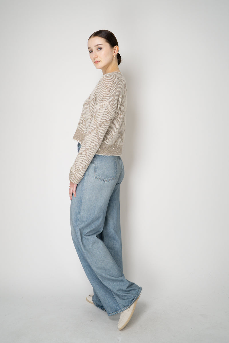 D. Exterior Wool Alpaca Cropped Knit Sequined V-Neck Cardigan in Gesso
