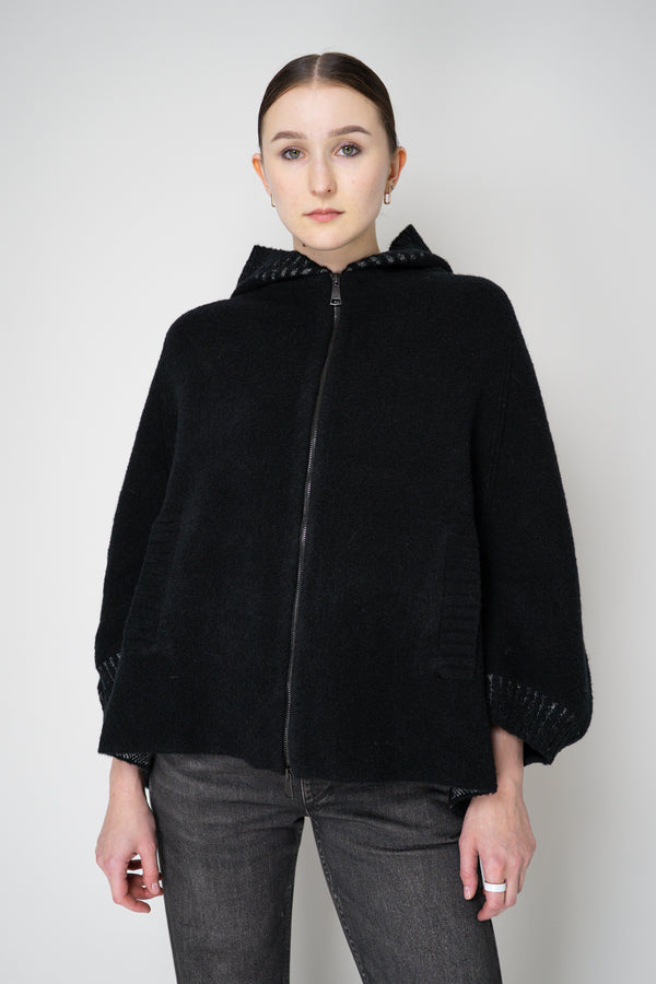 D. Exterior Stretch Knit Wool Blend 3/4 Sleeve Hooded Jacket in Black