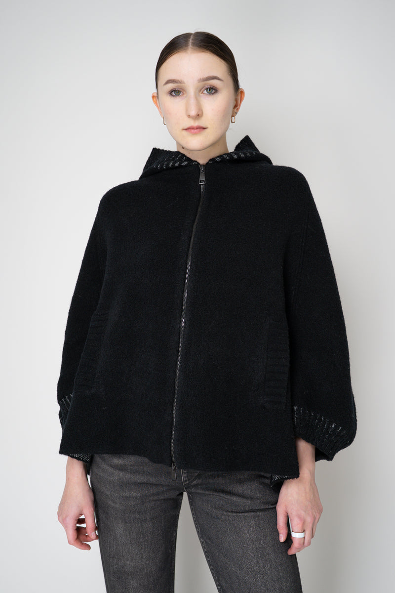 D. Exterior Stretch Knit Wool Blend 3/4 Sleeve Hooded Jacket in Black