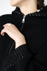 D. Exterior Stretch Knit Wool Blend 3/4 Sleeve Hooded Jacket in Black