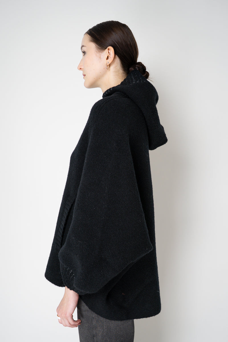 D. Exterior Stretch Knit Wool Blend 3/4 Sleeve Hooded Jacket in Black