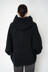 D. Exterior Stretch Knit Wool Blend 3/4 Sleeve Hooded Jacket in Black