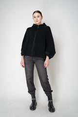 D. Exterior Stretch Knit Wool Blend 3/4 Sleeve Hooded Jacket in Black