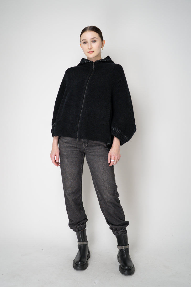 D. Exterior Stretch Knit Wool Blend 3/4 Sleeve Hooded Jacket in Black