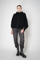 D. Exterior Stretch Knit Wool Blend 3/4 Sleeve Hooded Jacket in Black