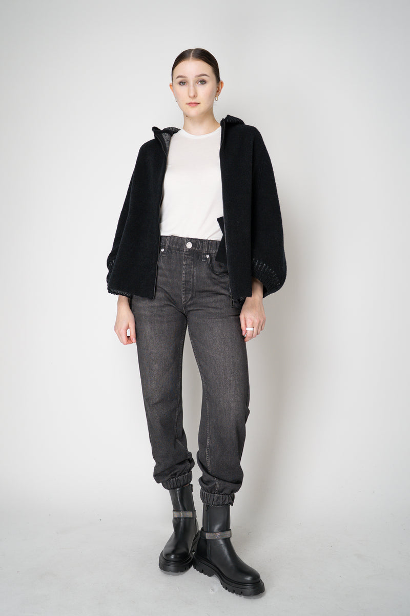 D. Exterior Stretch Knit Wool Blend 3/4 Sleeve Hooded Jacket in Black