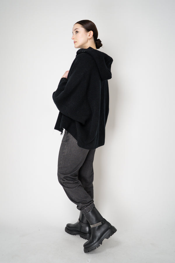 D. Exterior Stretch Knit Wool Blend 3/4 Sleeve Hooded Jacket in Black