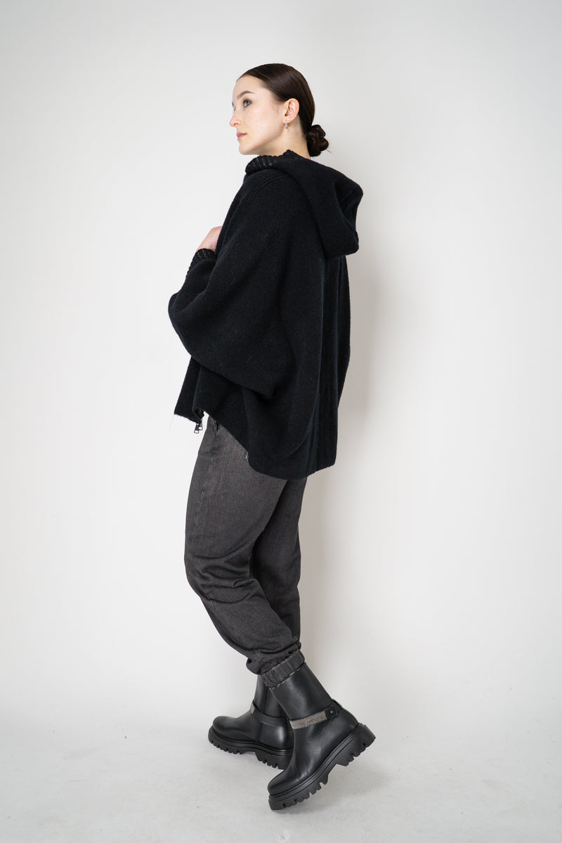D. Exterior Stretch Knit Wool Blend 3/4 Sleeve Hooded Jacket in Black