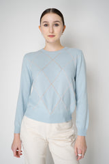 D. Exterior Knit Diamond Cropped Checkered Lurex Crew Neck Sweater in Light Blue