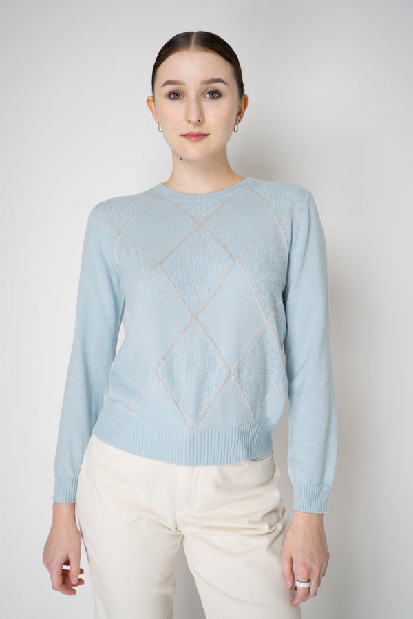 D. Exterior Knit Diamond Cropped Checkered Lurex Crew Neck Sweater in Light Blue