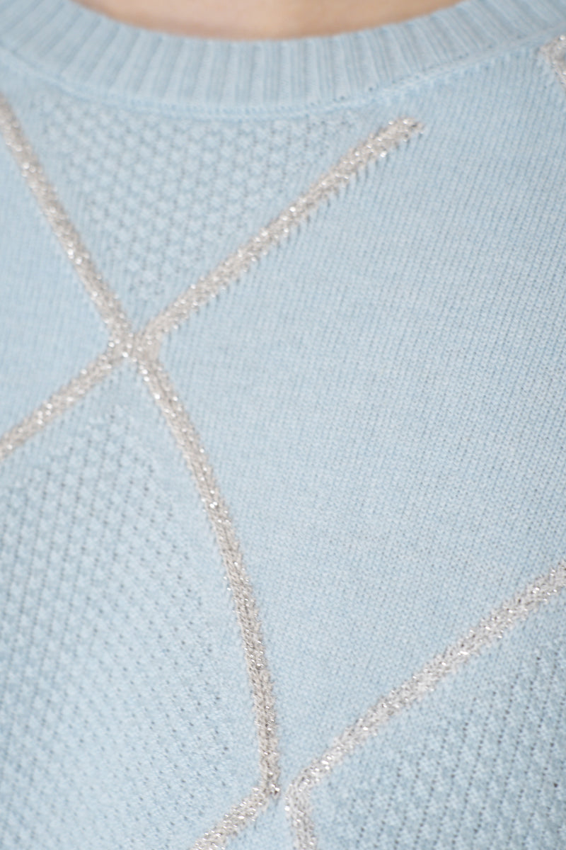 D. Exterior Knit Diamond Cropped Checkered Lurex Crew Neck Sweater in Light Blue