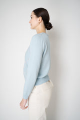 D. Exterior Knit Diamond Cropped Checkered Lurex Crew Neck Sweater in Light Blue