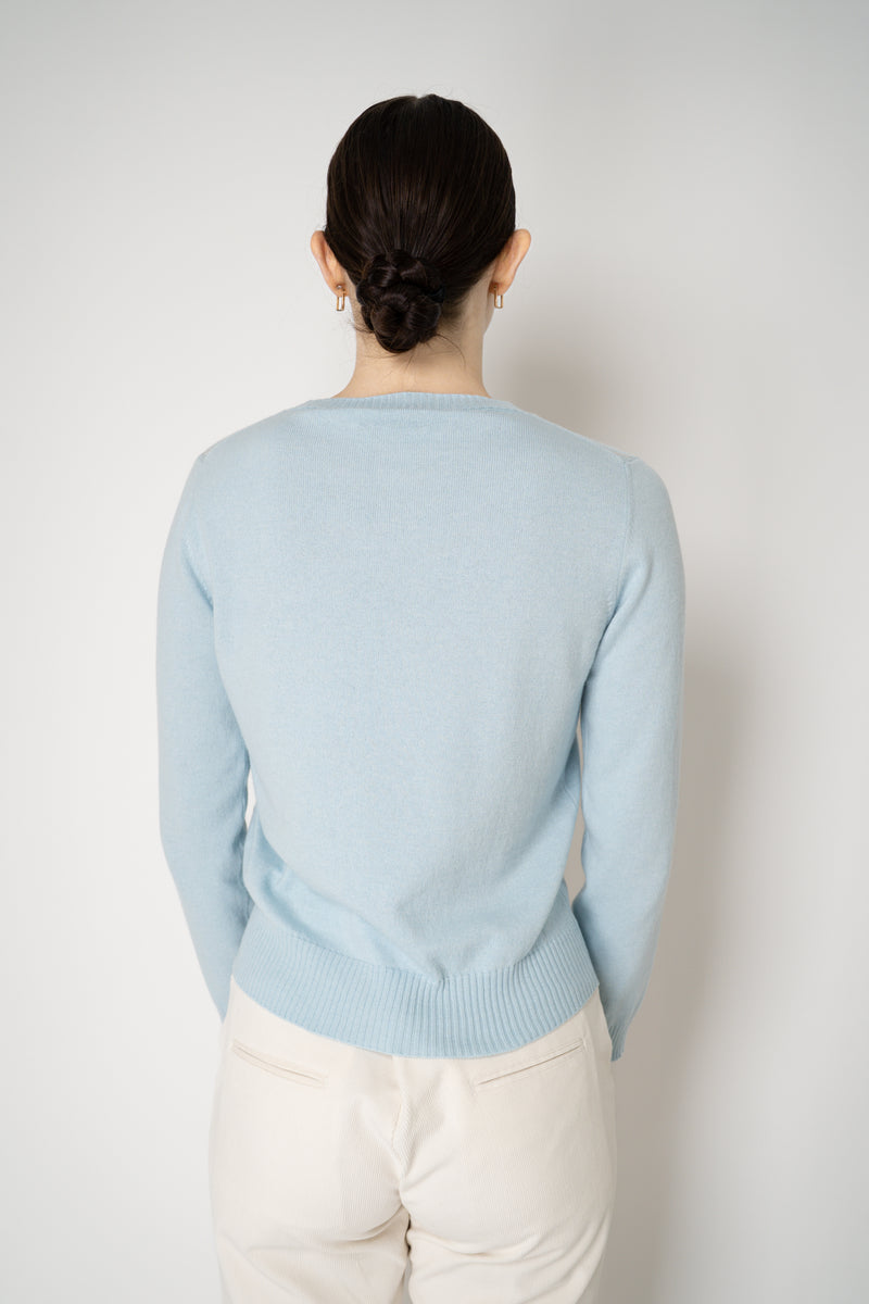 D. Exterior Knit Diamond Cropped Checkered Lurex Crew Neck Sweater in Light Blue