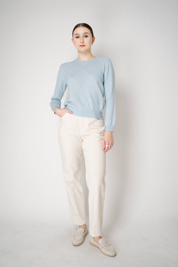 D. Exterior Knit Diamond Cropped Checkered Lurex Crew Neck Sweater in Light Blue