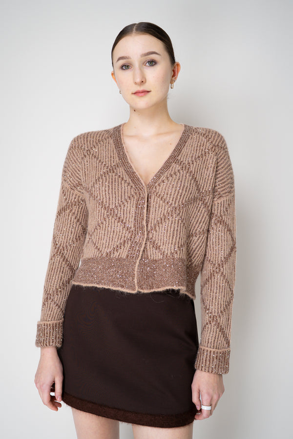 D. Exterior Wool Alpaca Cropped Knit Sequined V-Neck Cardigan in Guava