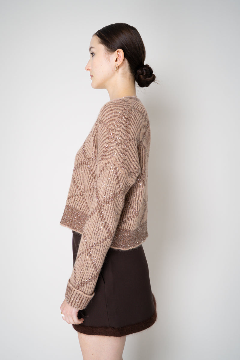D. Exterior Wool Alpaca Cropped Knit Sequined V-Neck Cardigan in Guava