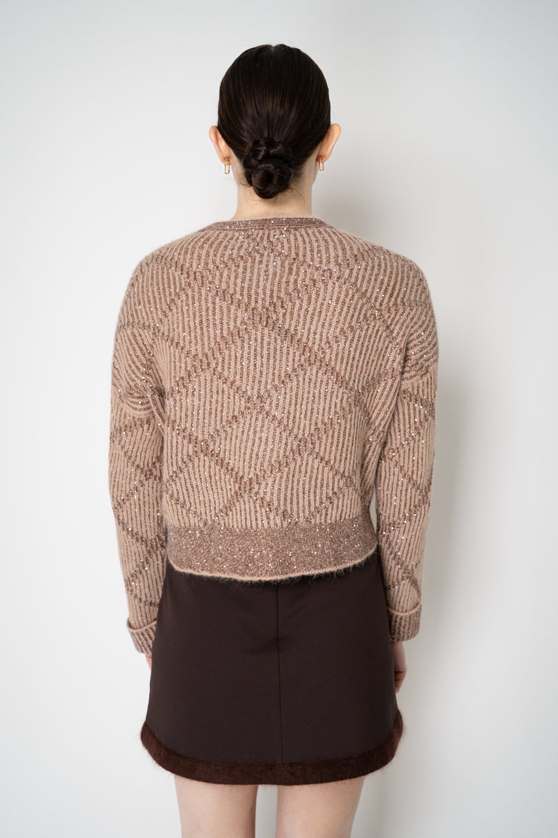 D. Exterior Wool Alpaca Cropped Knit Sequined V-Neck Cardigan in Guava