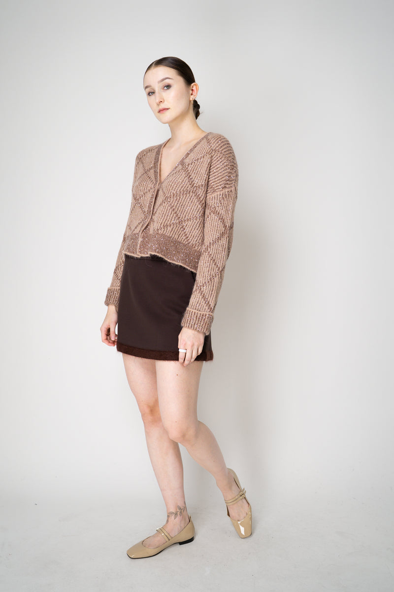 D. Exterior Wool Alpaca Cropped Knit Sequined V-Neck Cardigan in Guava