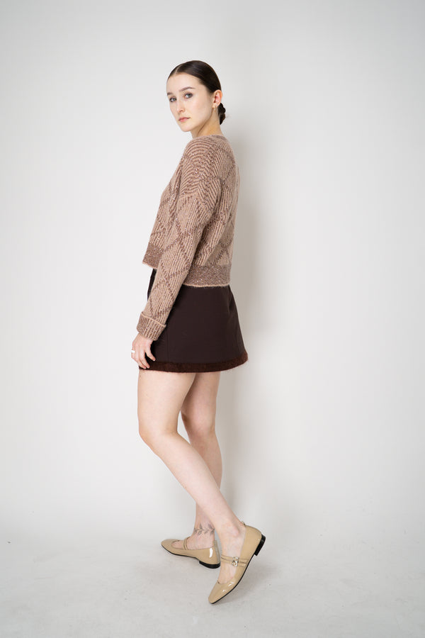 D. Exterior Wool Alpaca Cropped Knit Sequined V-Neck Cardigan in Guava