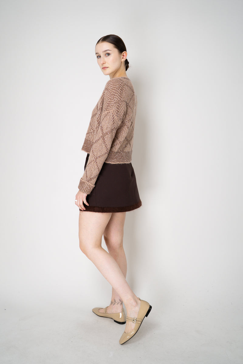 D. Exterior Wool Alpaca Cropped Knit Sequined V-Neck Cardigan in Guava