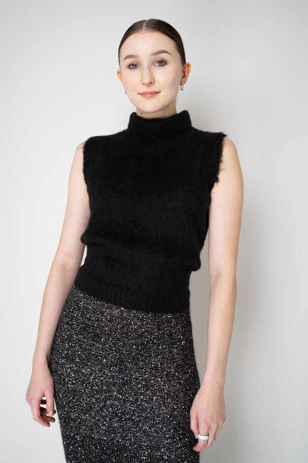 D. Exterior Wool Alpaca Soft Sleeveless Turtleneck Pullover Top in Black