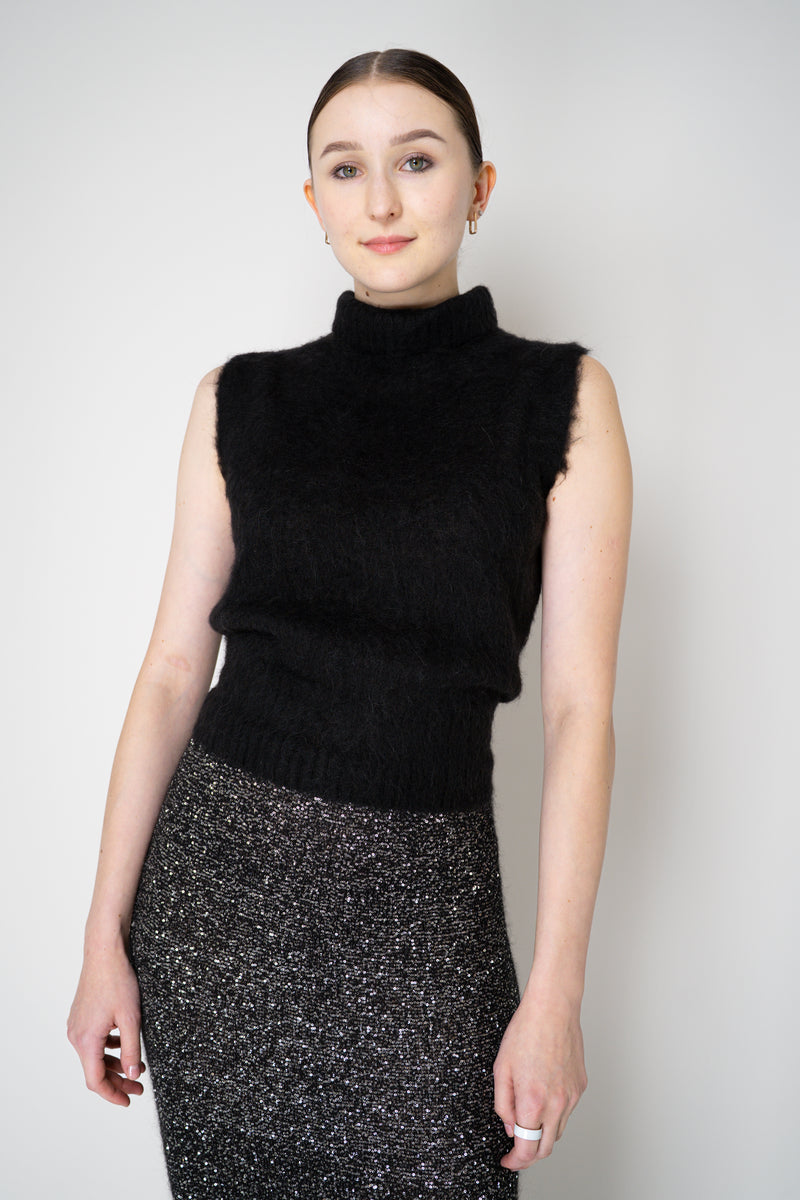 D. Exterior Wool Alpaca Soft Sleeveless Turtleneck Pullover Top in Black
