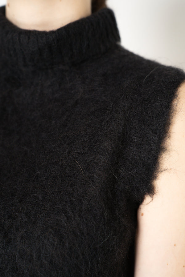 D. Exterior Wool Alpaca Soft Sleeveless Turtleneck Pullover Top in Black