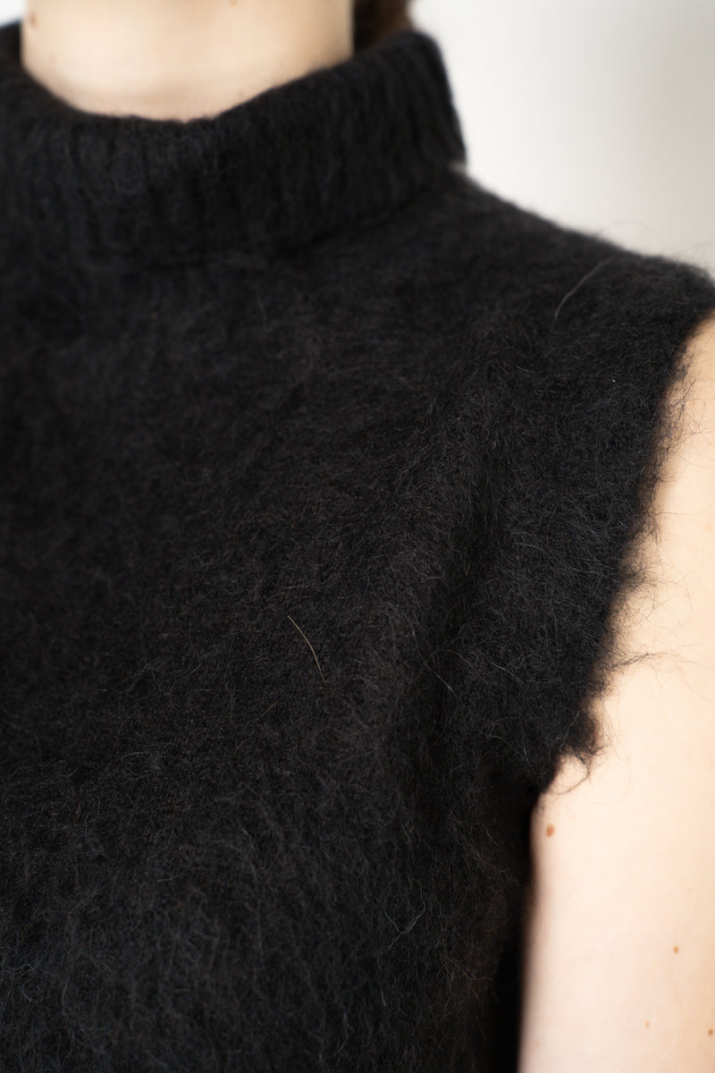 D. Exterior Wool Alpaca Soft Sleeveless Turtleneck Pullover Top in Black
