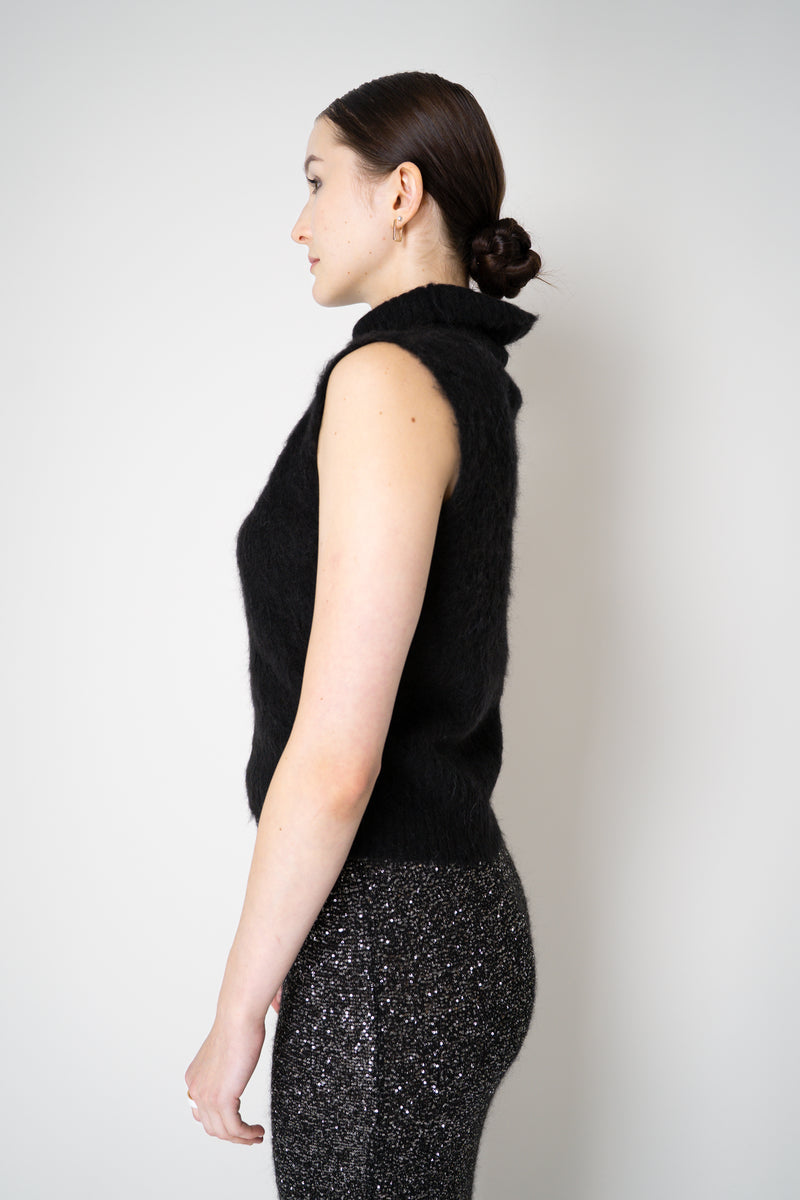 D. Exterior Wool Alpaca Soft Sleeveless Turtleneck Pullover Top in Black