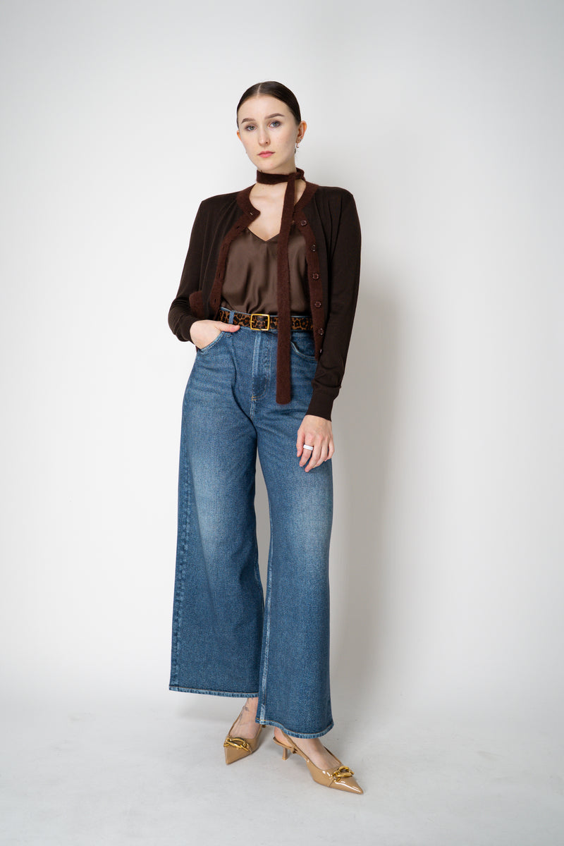 Dorothee Schumacher Fuzzy Trim Knit Virgin Merino Cardigan with Tie Scarf in Chocolate Brown Vancouver. Shop Online or in Store.