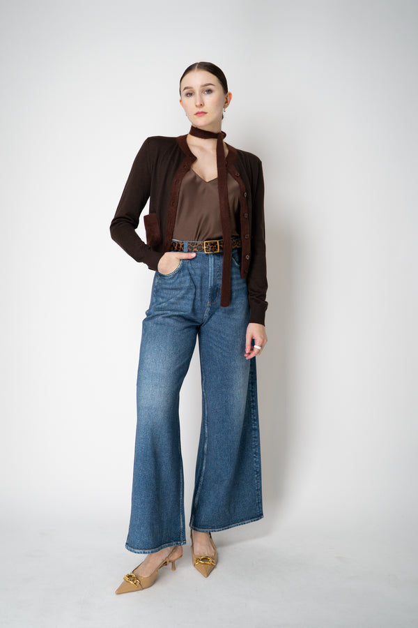 Dorothee Schumacher Fuzzy Trim Knit Virgin Merino Cardigan with Tie Scarf in Chocolate Brown Vancouver. Shop Online or in Store.