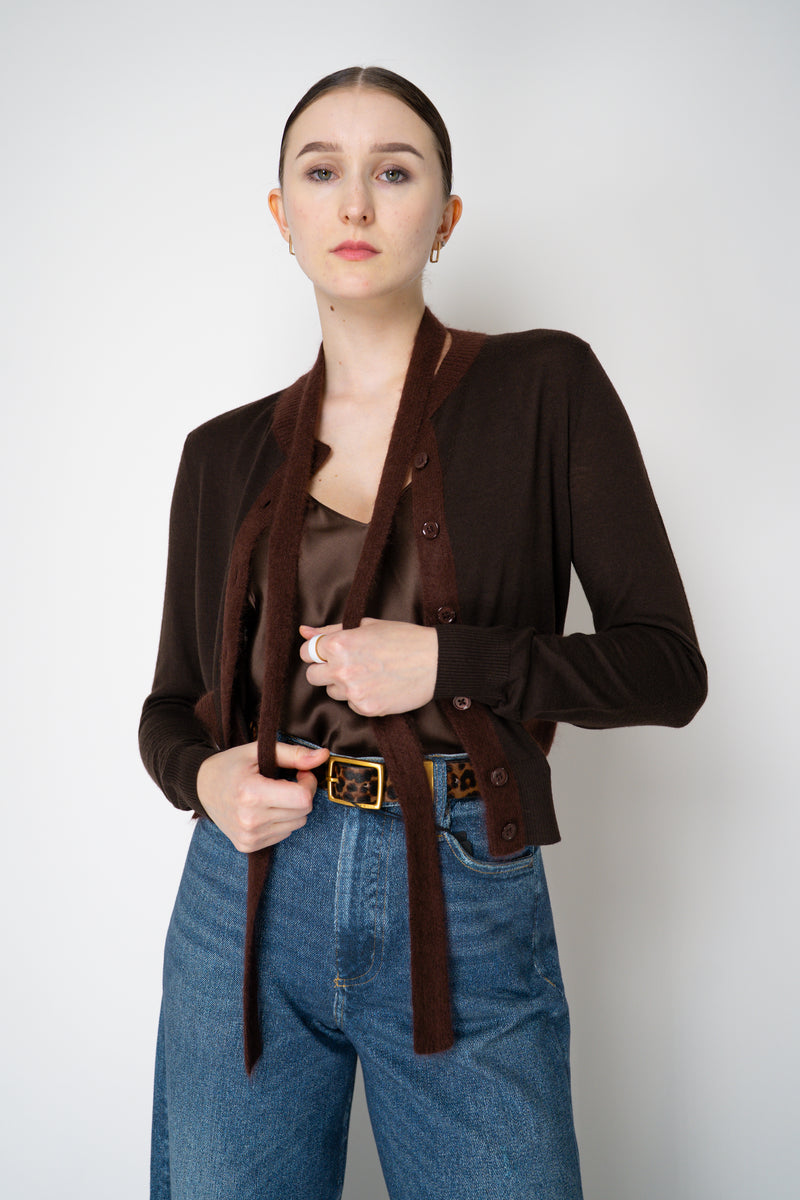 Dorothee Schumacher Fuzzy Trim Knit Virgin Merino Cardigan with Tie Scarf in Chocolate Brown Vancouver. Shop Online or in Store.