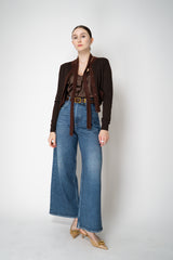 Dorothee Schumacher Fuzzy Trim Knit Virgin Merino Cardigan with Tie Scarf in Chocolate Brown Vancouver. Shop Online or in Store.