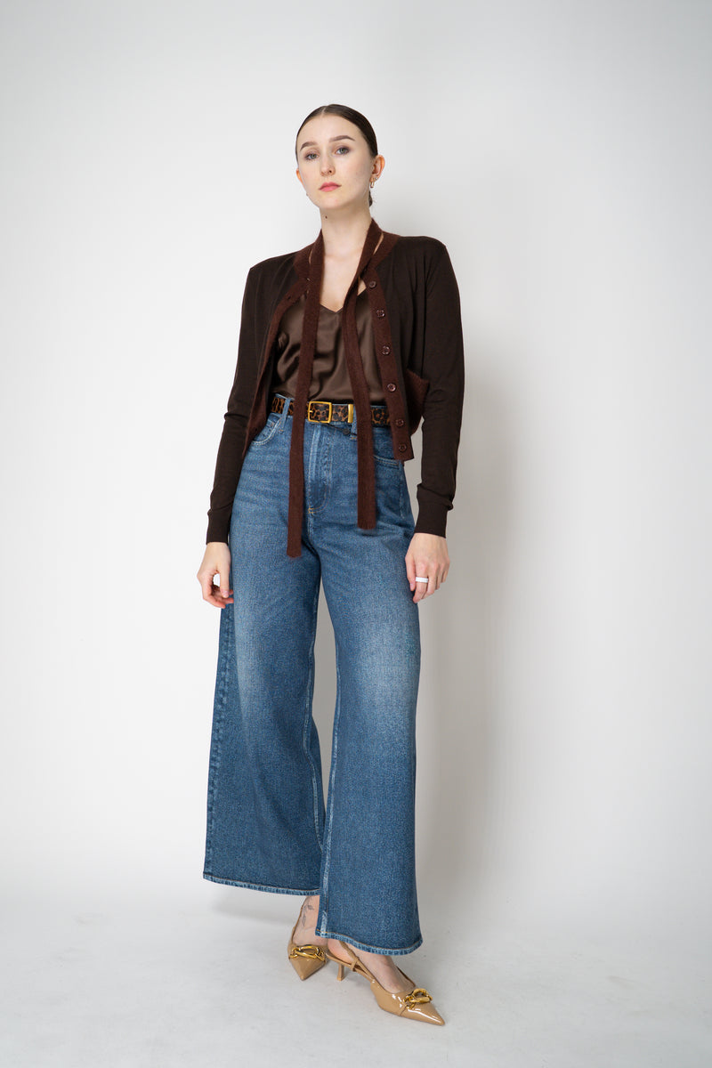 Dorothee Schumacher Fuzzy Trim Knit Virgin Merino Cardigan with Tie Scarf in Chocolate Brown Vancouver. Shop Online or in Store.