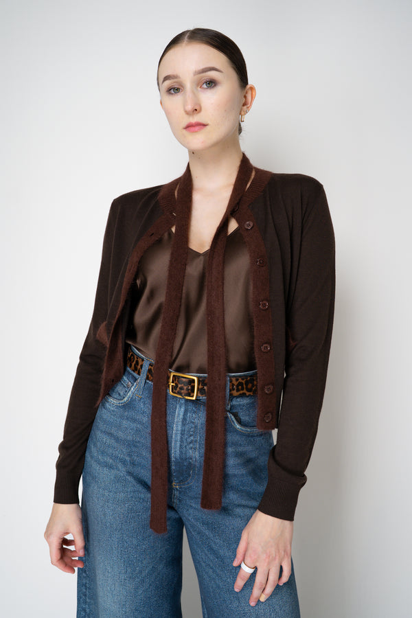 Dorothee Schumacher Fuzzy Trim Knit Virgin Merino Cardigan with Tie Scarf in Chocolate Brown Vancouver. Shop Online or in Store.