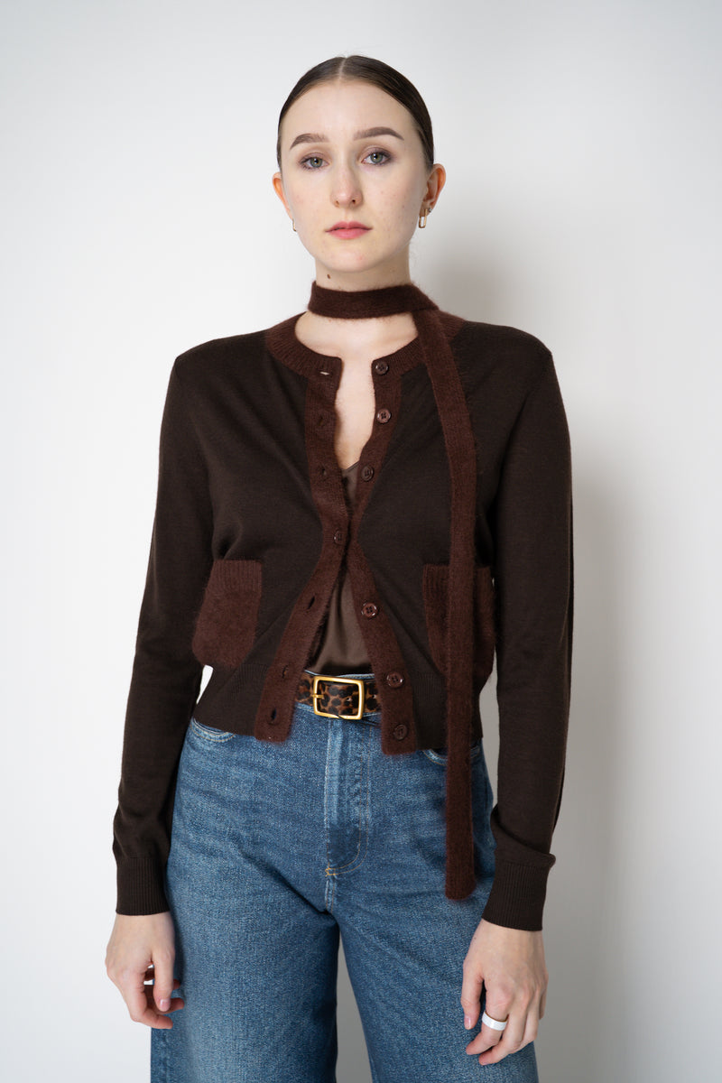 Dorothee Schumacher Fuzzy Trim Knit Virgin Merino Cardigan with Tie Scarf in Chocolate Brown Vancouver. Shop Online or in Store.