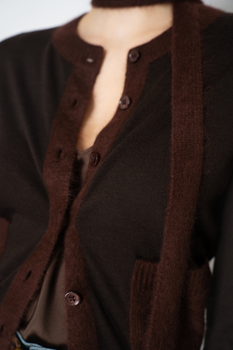 Dorothee Schumacher Fuzzy Trim Knit Virgin Merino Cardigan with Tie Scarf in Chocolate Brown Vancouver. Shop Online or in Store.